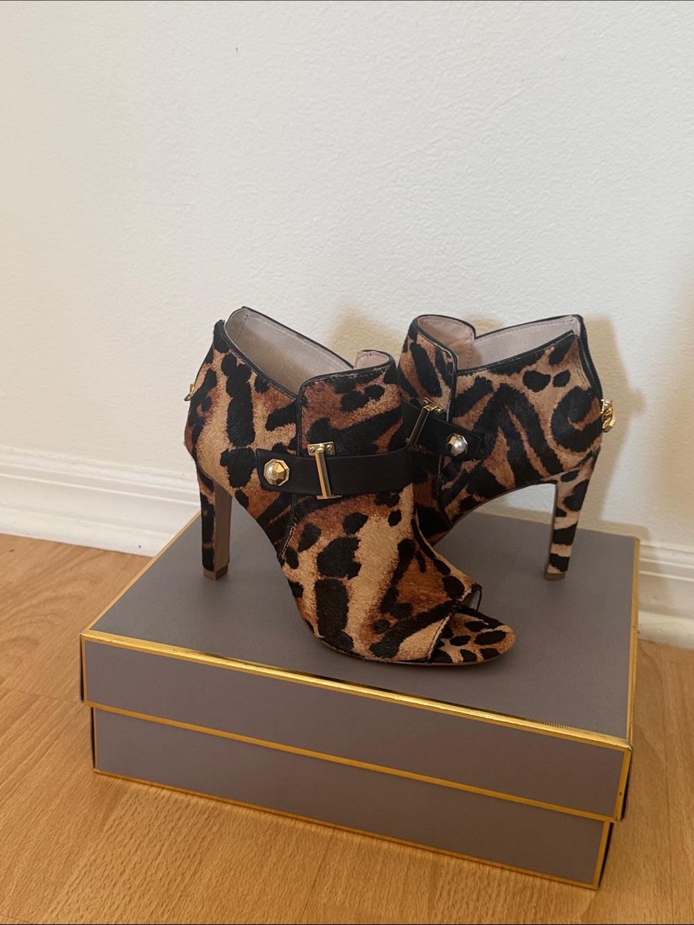 Louise et Cie Leopard Print Open-Toe Stiletto Booties
